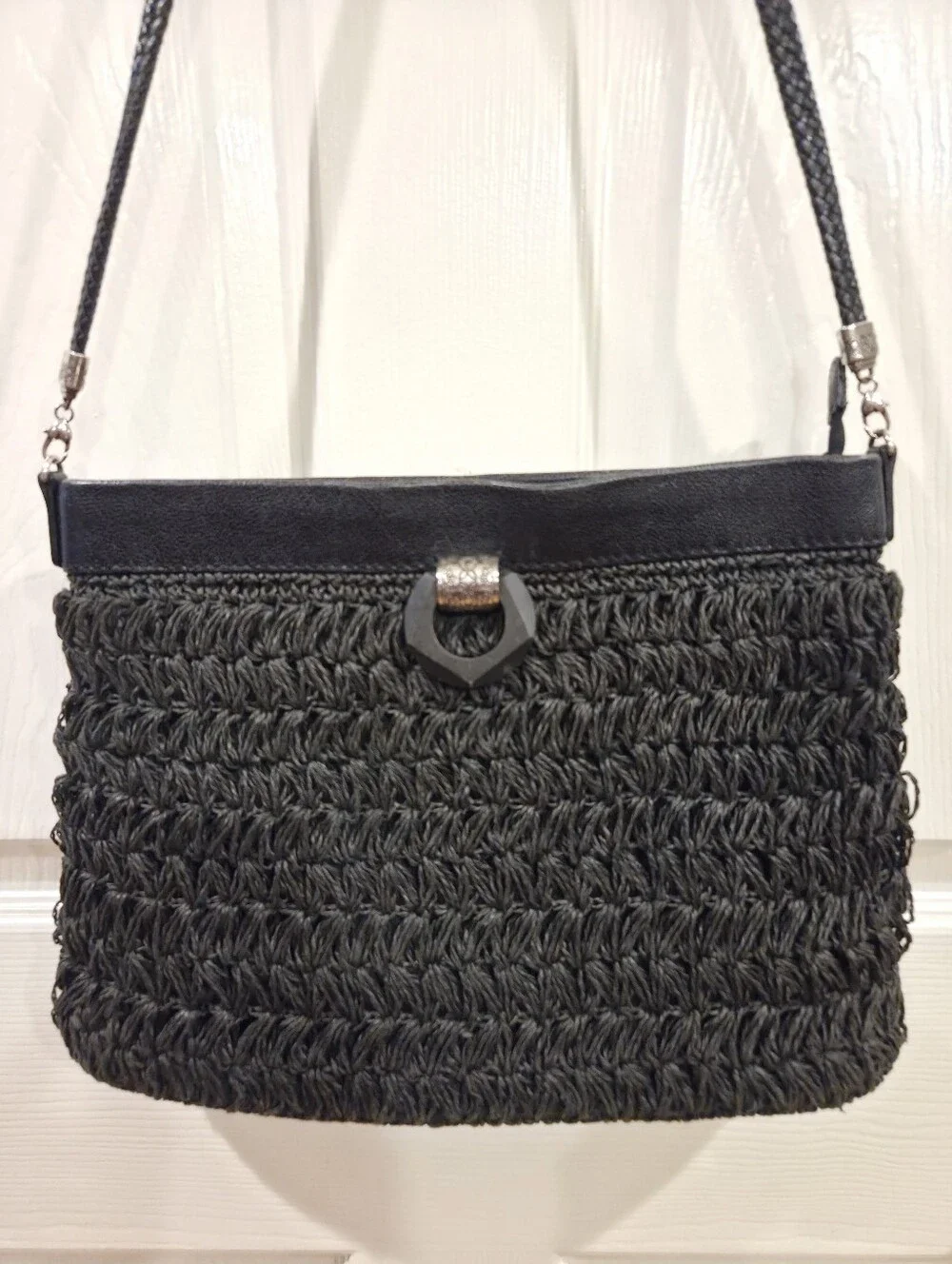 Brighton Black Woven Raffia Shoulder Bag With Silver Embellishment Leather Strap